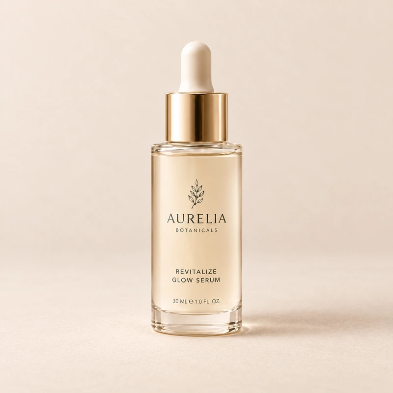 Aurelia Botanicals Revitalize Glow Serum, 30 ml, on a warm beige background