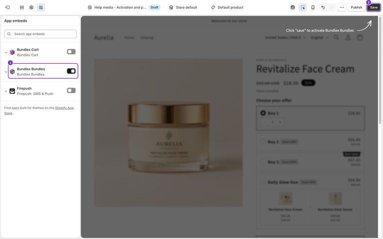 下書きテーマのShopifyテーマエディタで、Bundlex BundlesがオンになったApp embedsと、有効なSaveボタンが表示されています。Shopifyのネイティブ保存プロンプトにより、商品プレビューが暗く表示されています。