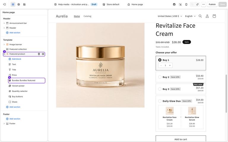ホームページのShopify下書きテーマエディタで、Featured productが展開され、その中にBundlex Bundles featuredが表示されています。横にはRevitalize Face CreamとUSDのオファーウィジェットが表示されています。