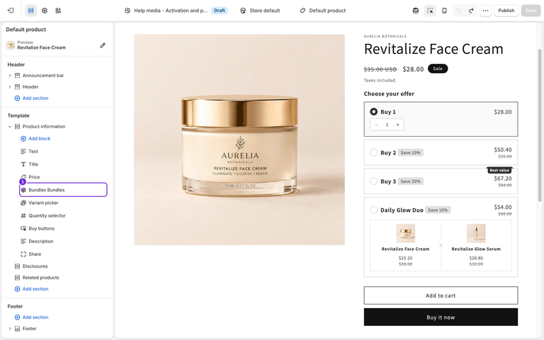Shopifyの下書きテーマエディタで、Default product、Product informationセクションのツリー、PriceとVariant pickerの間にあるBundlex Bundlesが表示され、横にはUSDでの商品とオファーのプレビューが表示されています。