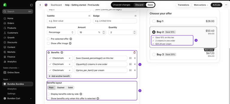 Oferta Compre 2 do Bundlex mostrando três linhas de texto de Benefícios com variáveis de modelo, configurações de layout e visibilidade e texto correspondente na prévia: Economize 10%, 2 cremes e US$ 25,20 por creme.