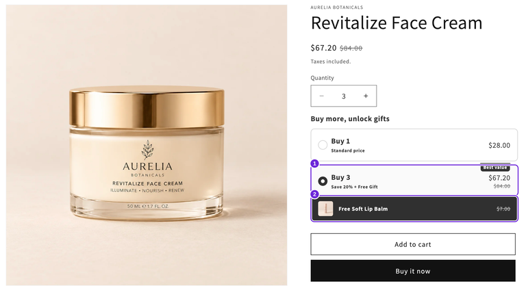 Produktsiden for Revitalize Face Cream viser Køb 3 valgt til $67.20 med en gratis Soft Lip Balm nedenunder samt produktbilledet og knappen Læg i kurv.