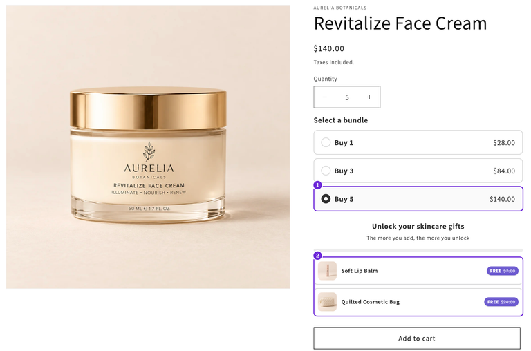 Página do produto Revitalize Face Cream com Comprar 5 por US$ 140 e Soft Lip Balm e Quilted Cosmetic Bag desbloqueados e marcados como GRÁTIS.