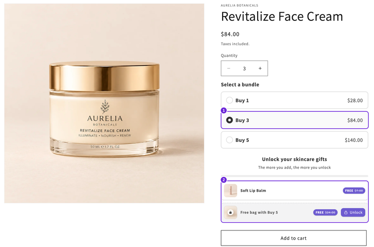 Página do produto Revitalize Face Cream com Compre 3 por $84, um Soft Lip Balm gratuito e a recompensa da bolsa ainda bloqueada até Compre 5.
