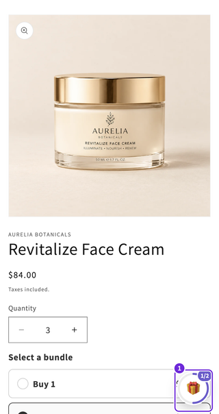 Página do produto Revitalize Face Cream em um dispositivo móvel, mostrando US$ 84 e quantidade três, com um lembrete de brinde flutuante exibindo uma de duas recompensas desbloqueadas enquanto o bloco de brindes está abaixo da área visível.