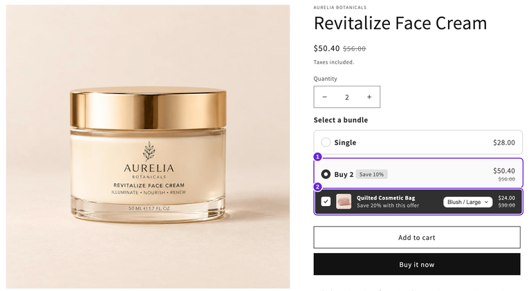 Revitalize Face Cream-produktside med Køb 2 valgt til $50.40 og en valgfri Quilted Cosmetic Bag markeret i Blush / Large til $24 over knappen Læg i kurv.