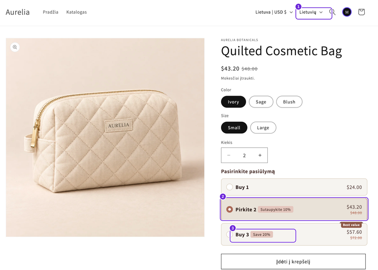 Página de una bolsa de cosméticos en lituano, con un encabezado del widget traducido y una oferta de Compra 2, mientras que Compra 1 y Compra 3 conservan el texto principal en inglés.