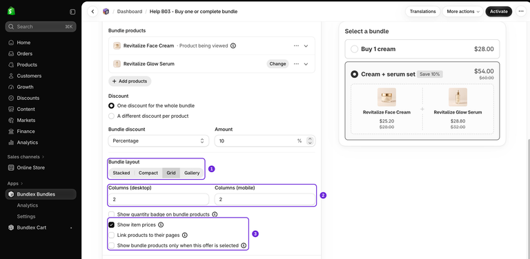 Configuración del paquete de productos de Bundlex con Cuadrícula seleccionada, dos columnas para escritorio y dos columnas para móvil, y Mostrar precios de los artículos activado junto a la vista previa en cuadrícula de la crema y el sérum.
