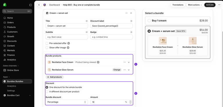 Bundlex cream and serum Product bundle offer, showing the main cream and required serum rows, one discount for the whole bundle, Percentage 10, and a Grid preview totaling $54.