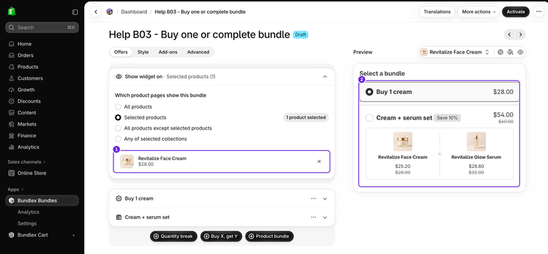 Bundlex B03 draft Offers tab with Show widget on expanded, Selected products and only Revitalize Face Cream at $28, beside the single-cream and cream-plus-serum preview.