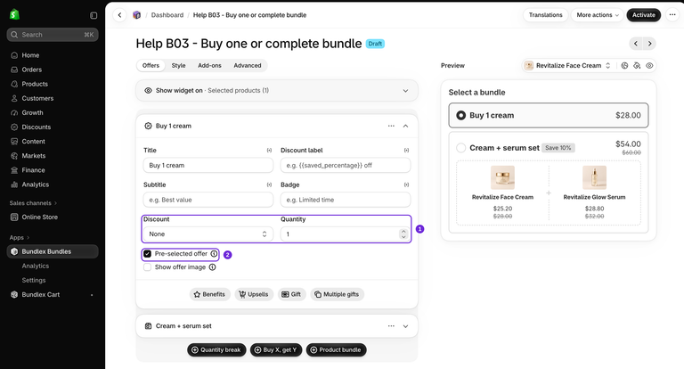 Bundlex B03 draft with Buy 1 cream expanded: Discount None, Quantity 1 and Pre-selected offer checked. Preview shows the cream at $28 beside the complete-set option.