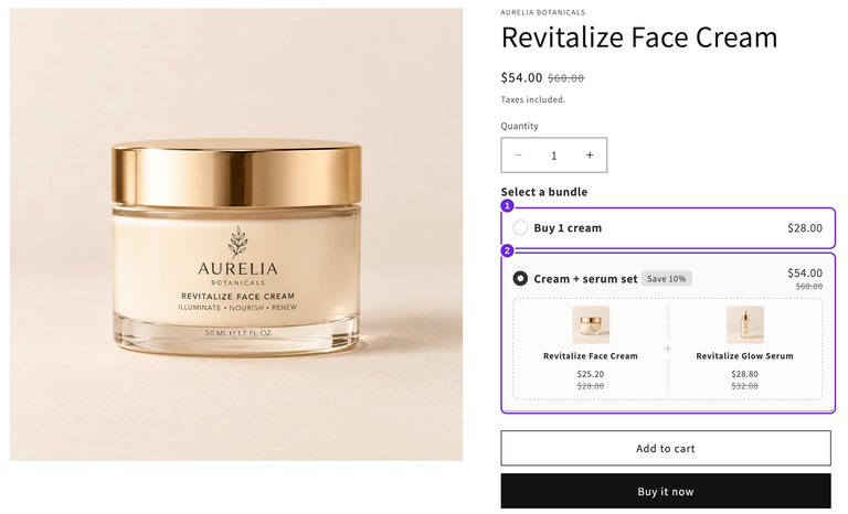 Revitalize Face Cream product page offering Buy 1 cream for $28 or the selected cream and serum set for $54, with required products shown in a two-column Grid above Add to cart.