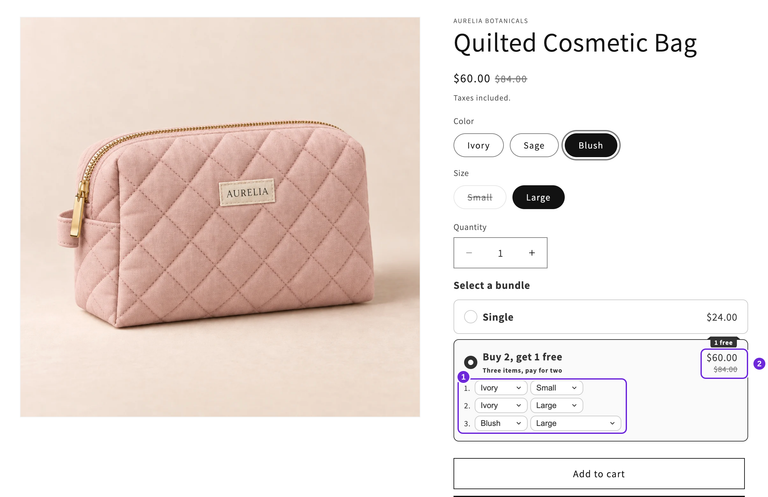 Página de produto de bolsa de cosméticos com Compre 2, leve 1 grátis selecionado e as variantes Ivory Small, Ivory Large e Blush Large totalizando US$ 60 em vez de US$ 84.