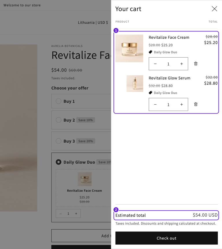 Winkelwagenlade van Dawn voor de geselecteerde aanbieding Daily Glow Duo, met één afgeprijsde crème en één afgeprijsd serum en een geschat totaal van $54.00 USD.