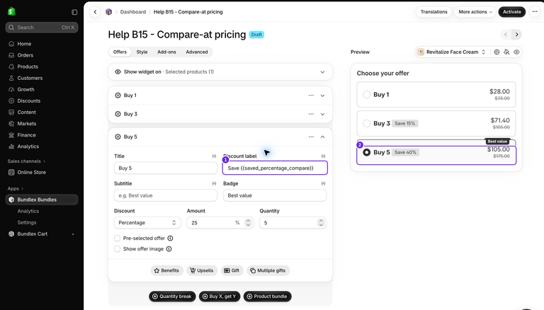 Køb 5-tilbud med Rabatetiket indstillet til Spar saved_percentage_compare, en konfigureret rabat på 25 % og en forhåndsvisning, der viser Spar 40 % i forhold til sammenligningstotalen på $175, mens der opkræves $105.