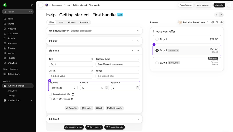 Bundlex first-bundle draft with Buy 2 expanded, showing Percentage discount, Amount 10 and Quantity 2. Its selected preview offer totals $50.40.