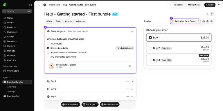 Bundlex first-bundle draft in Shopify admin with Show widget on expanded, Selected products set to one Revitalize Face Cream, and the same cream selected in the preview.