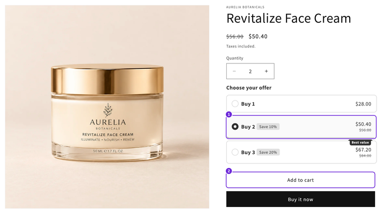 Revitalize Face Cream product page showing the three quantity offers, Buy 2 selected for $50.40, and the Add to cart button below the widget.