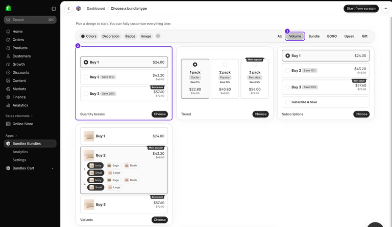 Shopify-beheercentrum met de galerij Een bundeltype kiezen, waarbij Volume is geselecteerd en het sjabloon Hoeveelheidskortingen is gemarkeerd.