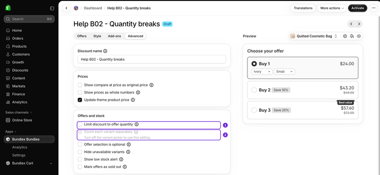 Bundlex Quantity breaks Draft on the Advanced tab, showing quantity cap off and per-variant counting disabled beside the bag offer preview.
