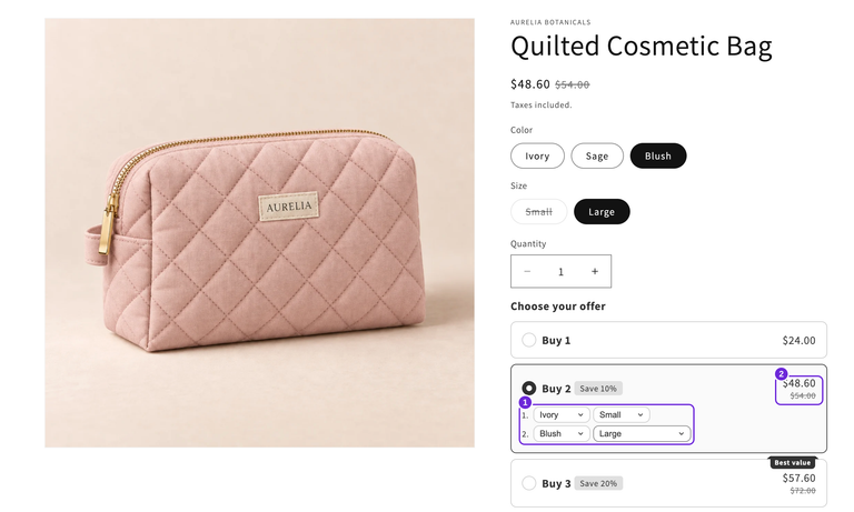 Aurelia Quilted Cosmetic Bag page showing Buy 2 selected, separate Ivory Small and Blush Large variant rows, and a discounted total of $48.60.