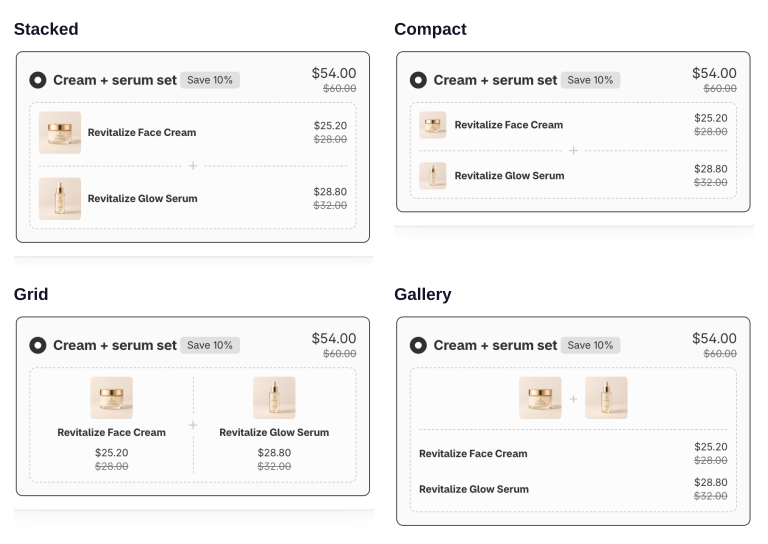 Cuatro vistas previas reales del editor de Bundlex del mismo conjunto de crema y sérum de $54: Apilado con filas grandes, Compacto con filas más pequeñas, Cuadrícula en dos columnas y Galería con las imágenes sobre la lista de artículos.
