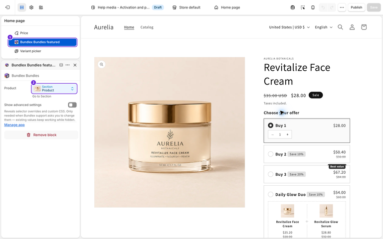 Kladdetemaets startside, der viser blokken Bundlex Bundles featured med Product forbundet til Section Product og tilbud på Revitalize Face Cream i forhåndsvisningen.