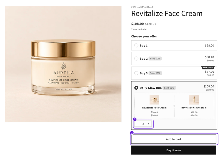 Aurelia-productpagina met Daily Glow Duo geselecteerd, twee sets met een totaal van $108, beide componentprijzen en de knop Toevoegen aan winkelwagen zichtbaar.