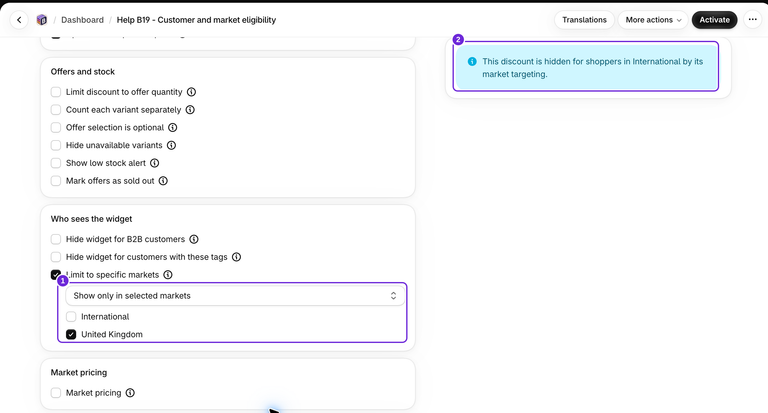 Configurações avançadas do Bundlex com Mostrar apenas nos mercados selecionados e Reino Unido selecionado; a prévia informa que o desconto está oculto para clientes na Internacional.