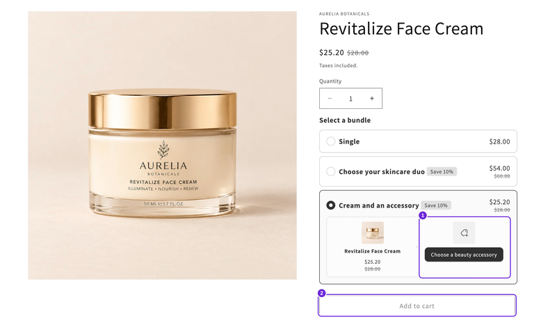 Aurelia-produktside med en valgt Cream og et tilbehørsbundle, et tomt felt til skønhedstilbehør og en deaktiveret Læg i kurv-knap.