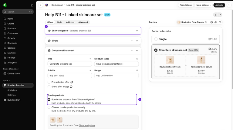 Bundlex-editor til forbundne sæt, der viser to valgte målprodukter og indstillingen Saml produkterne fra Vis widget på valgt, ved siden af den komplette forhåndsvisning med creme og serum.
