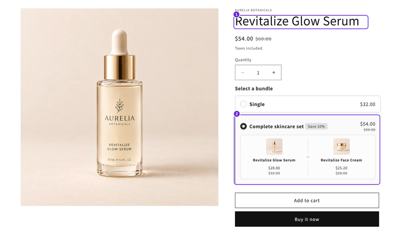 Aurelia Revitalize Glow Serum-produktside, der viser et komplet fast serum- og cremesæt til $54 med serum til $28.80 og creme til $25.20 samt Læg i kurv nedenfor.