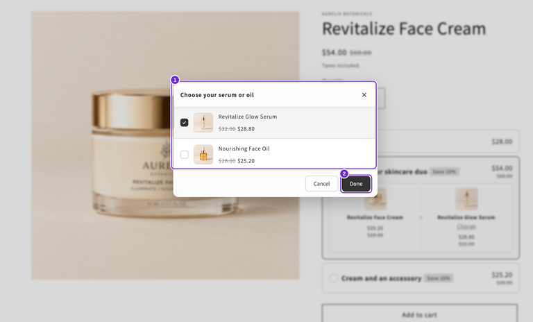 Aurelia-cremeproduktside med dialogboksen Vælg dit serum eller din olie åben, der tilbyder det rabatterede Revitalize Glow Serum og Nourishing Face Oil samt en Færdig-knap.