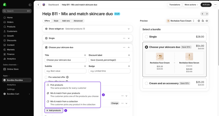 Bundlex-editor til Mix & match med menuen Tilføj produkter åben, der viser faste produkter, en håndplukket produktpulje og en samlingspulje ved siden af forhåndsvisningen af hudplejeduoen.