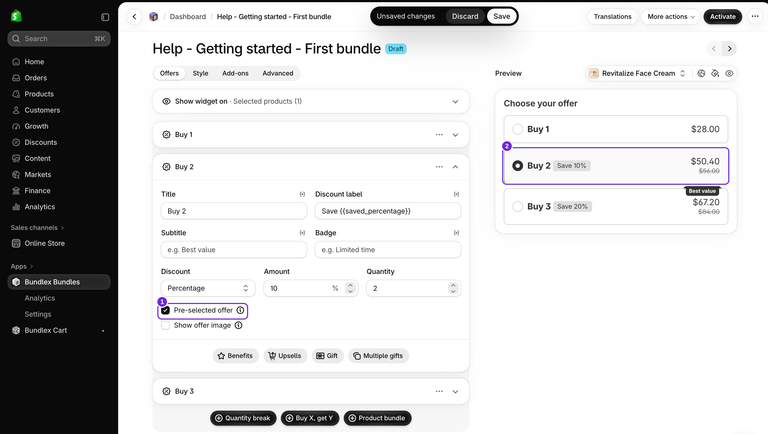 Scheda Offers di Bundlex con Buy 2 espanso, l'opzione Offerta preselezionata selezionata e Buy 2 selezionato nell'anteprima. Sono visibili le modifiche non salvate e il pulsante Save.