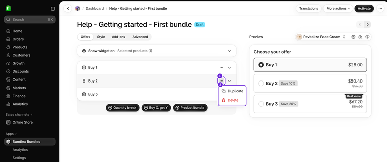 Karta Offers w Bundlex z otwartym menu z trzema kropkami przy ofercie Kup 2, pokazującym opcje Duplikuj i Usuń obok oryginalnej oferty oraz podglądu z ceną w USD.