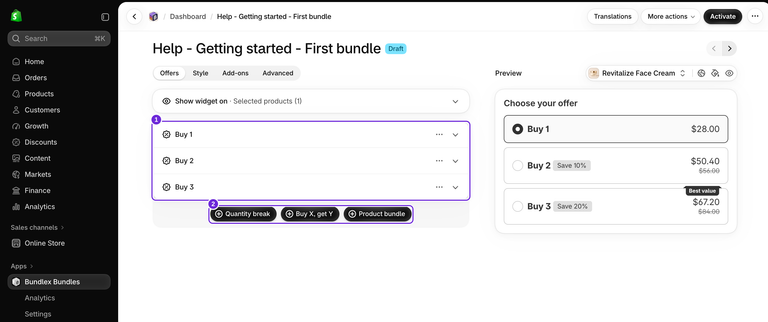 Scheda Offers di Bundlex con le righe Buy 1, Buy 2 e Buy 3, tre pulsanti per i tipi di offerta sotto di esse e l'anteprima coordinata della crema in USD accanto.