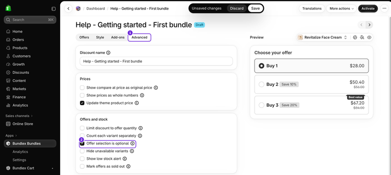 Bundlex Advanced tab showing Offer selection is optional checked under Offers and stock, with the USD cream preview still showing the preselected Buy 1 offer.