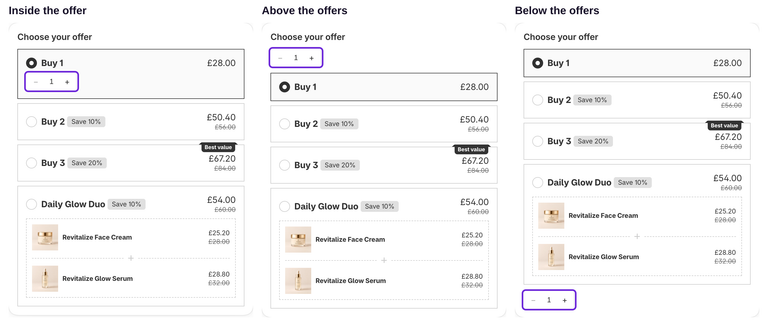 Drie echte editorvoorbeelden waarin de aantalkiezer wordt vergeleken in de geselecteerde aanbieding, boven alle aanbiedingen en onder alle aanbiedingen.