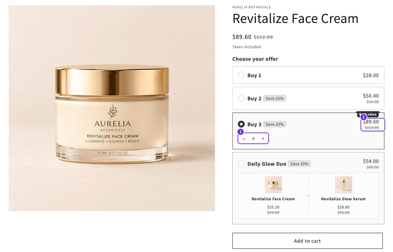 Storefront van Revitalize Face Cream met Buy 3 geselecteerd, hoeveelheid 4 en een kortingstotaal van $89.60.