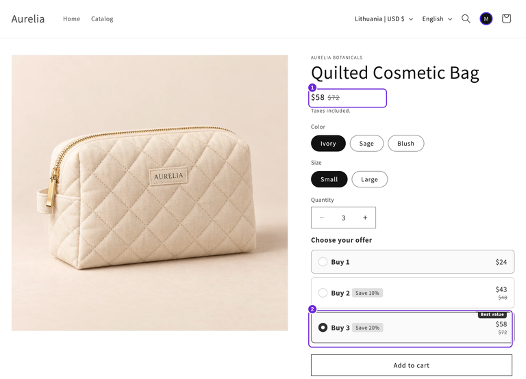 Aurelia Small-taskeproduktside med Køb 3 valgt, hvor både widgetten og den opdaterede temapris viser 58 $, mens det underliggende tilbud opkræver 57,60 $.