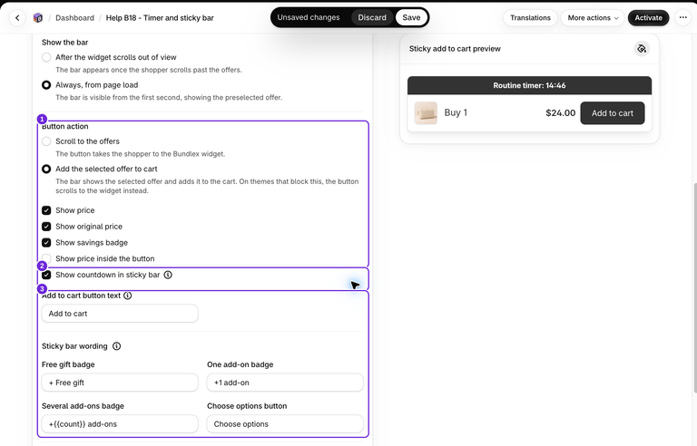 Einstellungen für das direkte Hinzufügen zum Warenkorb mit Preisoptionen, eingebettetem Countdown, Schaltflächentext sowie anpassbaren Formulierungen für Geschenke und Add-ons.