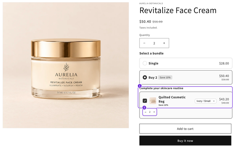Página do produto Revitalize Face Cream com Compre 2 por $50.40 e um bloco separado de adicionais compartilhados contendo duas bolsas cosméticas Ivory Small marcadas por $43.20, acima de Adicionar ao carrinho.