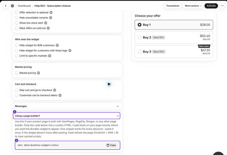 Editor B22 do Bundlex rolado até a parte inferior de Avançado, com configurações próximas e a seção expandida Usando um construtor de páginas mostrando o trecho da âncora e o botão Copiar.