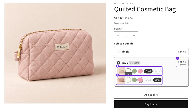 Produktside for Quilted Cosmetic Bag, der viser uafhængige Ivory Small- og Blush Large-valg i Køb 2, en samlet tilbudspris på $48.60 og en aktiveret Læg i kurv-knap.