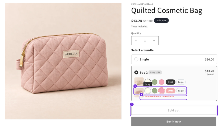 Pagina van Quilted Cosmetic Bag met de uitverkochte variant Blush Small geselecteerd in de tweede rij, een melding over niet-beschikbaarheid en een uitgeschakelde aankoopknop met de tekst Uitverkocht.