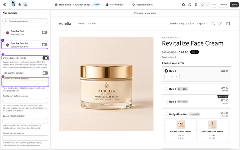 Shopifys panel for app-integrationer i et kladde-tema med Bundlex Bundles udvidet, Vis avancerede indstillinger aktiveret og feltet Vælger til brugerdefineret placering synligt ved siden af en cremefarvet produktforhåndsvisning.