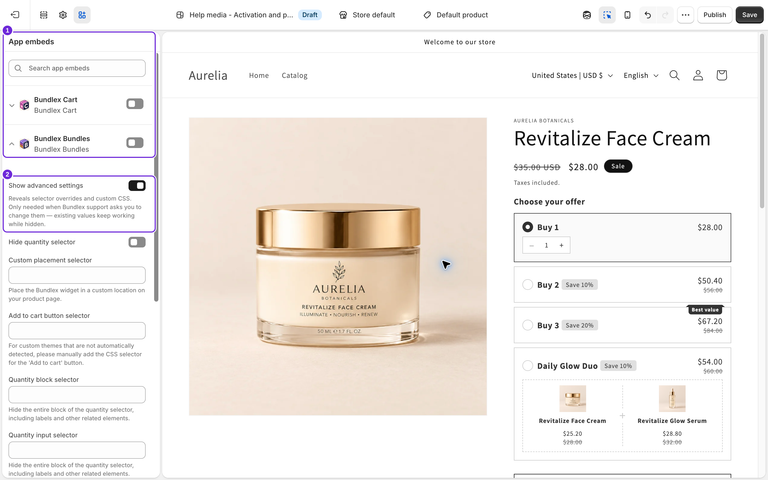 Shopify-editor til kladdetema med App-embeds valgt og Bundlex Bundles udvidet til Vis avancerede indstillinger.