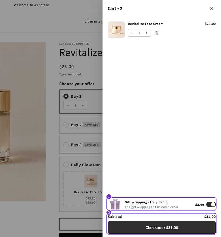 Panier en direct avec une crème visage à 28 $, l'option d'emballage cadeau à 3 $ cochée et un sous-total de 31 $.