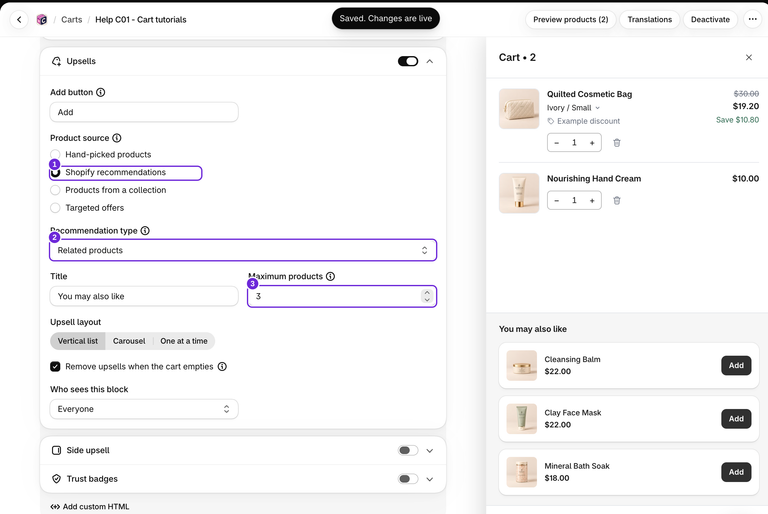 メインのアップセルをShopifyのおすすめに設定し、関連商品と最大3商品を指定します。